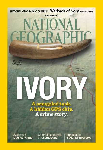 National Geographic magazine cover showing elephant tusk overlaid on map